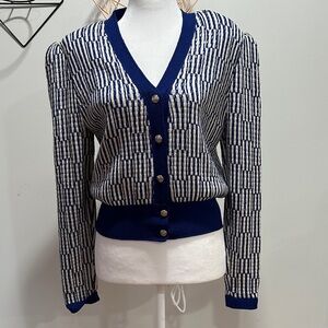 Vintage St. John Blue and White Patterned Cardigan Sequin Detail